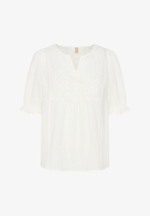 Valge pluus V-kaelusega, lühikeste puhvärvidega ja tekstuurse liistuga, millel on vöötõmblused. Pehme kangas, lõdva lõikega.