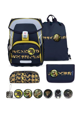School backpack set with dinosaur and animal-themed badges, matching pencil case, drawstring bag, wallet, and pop-it keychain in dark blue and yellow.