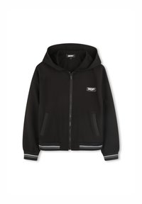 Veste à capuche zippée noire avec une grande capuche, logo DKNY sur la poitrine, poches latérales et accents rayés sur les poignets et l'ourlet. Texture de tissu douce.