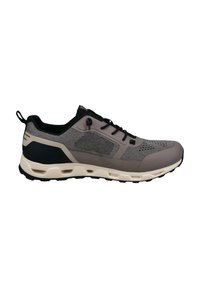 Gray athletic shoe with black accents, mesh upper, and a cushioned beige sole. Features a lace-up closure and rear pull tab.