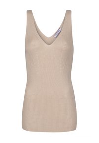 Bež ribagaussiga tank top sügava V-kaelusega, laiade rihmadega ja tekstuuritud mustriga. Kangas näeb välja pehme ja kehaümberjooneline. Silt on nähtav kaelaosal.