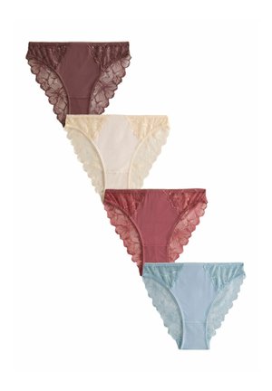 Fire dame trusser med blondekant i brun, creme, støvet rosa og lyseblå arrangeret diagonalt på en hvid baggrund.
