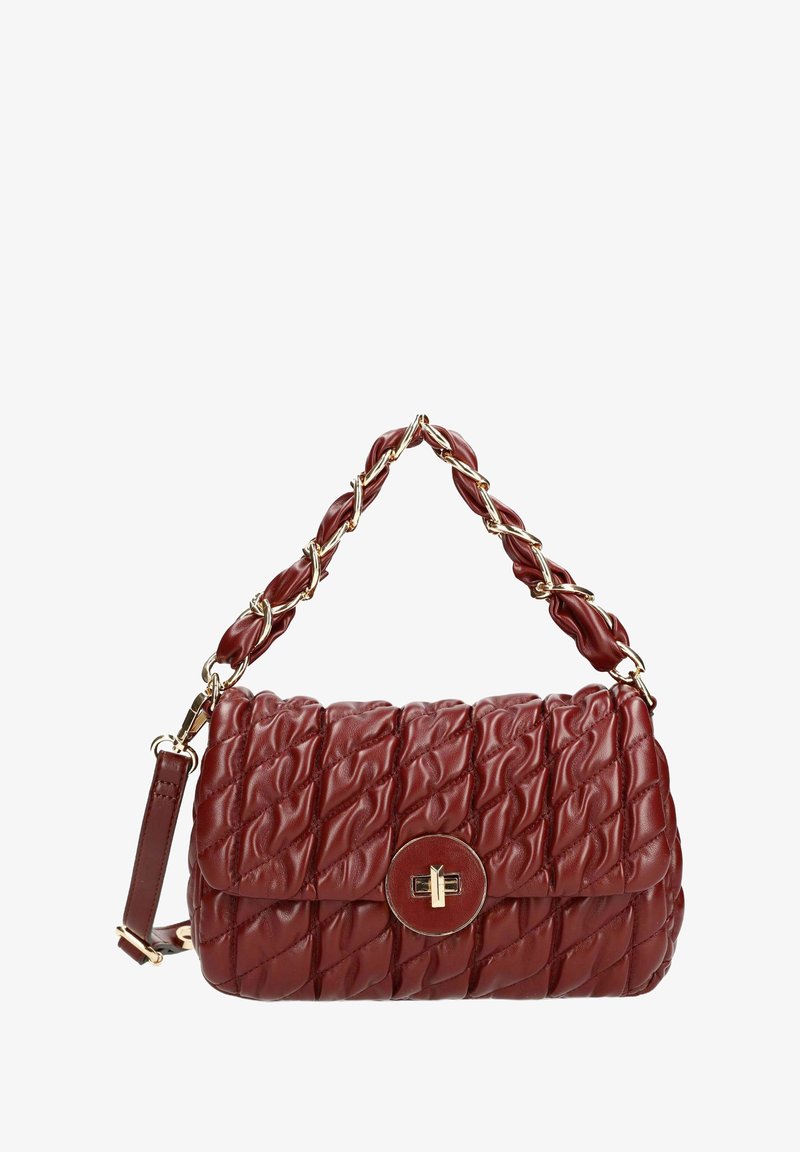 Borsa a tracolla in pelle trapuntata di colore rosso scuro con chiusura a lucchetto dorato e tracolla a catena intrecciata con pelle coordinata.