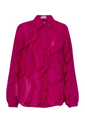 Blusa fucsia con design arricciato, maniche lunghe e chiusura a bottoni. Realizzata in tessuto leggero e trasparente. Presenta un colletto classico.
