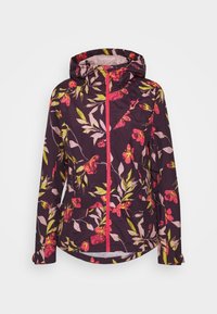 Květinová bunda s tmavě fialovým základem a růžovými a žlutými vzory listů, s plným zipem a kapucí. Lehká, hladká textura.