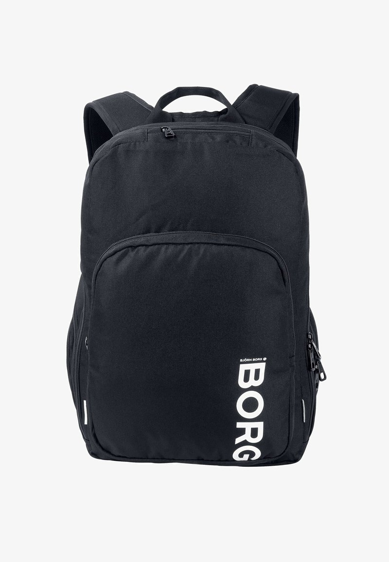 Fekete szövet hátizsák, két zipzáros rekesszel, párnázott vállpántokkal és nagy fehér 'BORG' logóval az elején. Texturált felület.