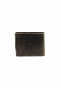 Brown leather wallet with a bi-fold design, featuring white contrast stitching and a smooth, matte texture. No visible logos or patterns.