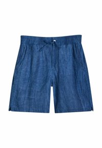 Costumi da bagno da uomo di colore blu scuro, realizzati in tessuto leggero. Presentano una vita elastica con cordoncino, due tasche laterali e spacchetti laterali.
