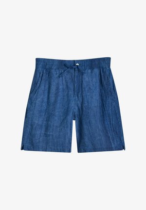 Uimashortsit tummansinisestä kevyestä kankaasta. Varustettu joustovyötäröllä, jossa on naru, kahdella sivutaskulla ja sivurei'illä.