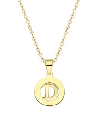 Gouden hanger ketting met een circulair ontwerp en een uitsnede van de letter "D." De ketting bestaat uit verbonden segmenten, wat een gestructureerde uitstraling geeft.