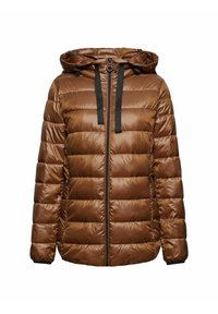 Giacca a vento marrone con una texture lucente, chiusura con zip e cappuccio. Presenta dettagli neri e un motivo trapuntato orizzontale per l'isolamento.