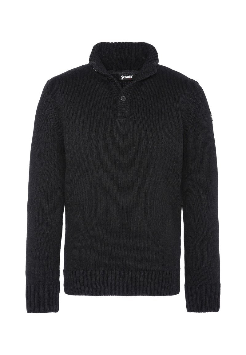 Suéter negro de punto con cuello alto, que presenta una tapeta abotonada y puños y dobladillo acanalados. Fabricado con una tela gruesa y texturizada.