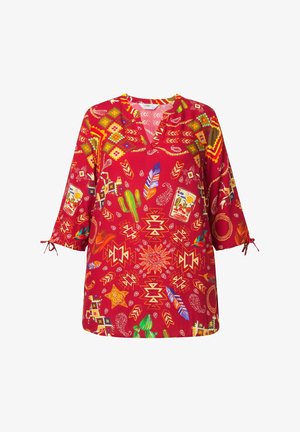 Tunic rossa con un vivace motivo multicolore caratterizzato da motivi geometrici e naturali. Design con scollo a V e maniche a tre quarti con lacci.
