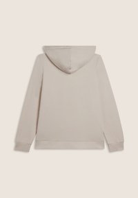 Felpa beige con cappuccio in morbido tessuto, caratterizzata da maniche lunghe, polsini a coste e una tasca a marsupio sul davanti. Texture liscia, design informale.