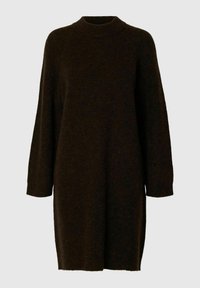 Hnědý oversized svetr šaty s vysokým výstřihem a dlouhými rukávy se žebrovanými manžetami. Vyrobeno z měkké, texturované látky.