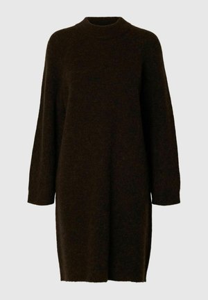 Bruine oversized trui-jurk, met een hoge halslijn en lange mouwen met ribbenmanchetten. Gemaakt van zachte, gestructureerde stof.