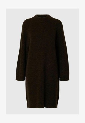 Brown oversized sweater dress, featuring a high neckline and long sleeves with ribbed cuffs. Made of soft, textured fabric.