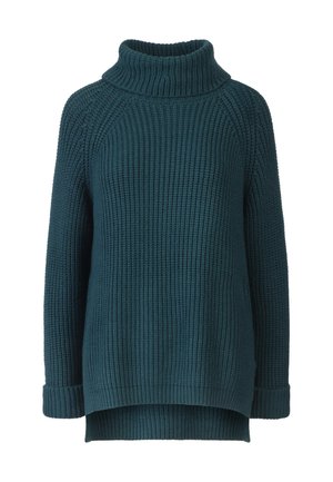 Teal gebreide trui met een hoge kraag, ribbelstructuur en een losse pasvorm. Beschikt over lange mouwen en een iets langere achterkant.