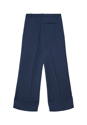 Pantalon bleu marine à jambes larges en tissu texturé, avec un revers effilé, un devant plat et une poche arrière unique.