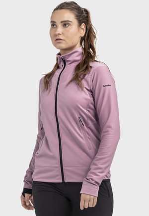 Hellrosa Reißverschlussjacke aus strukturiertem Stoff, mit hohem Kragen, zwei Reißverschlusstaschen und schwarzen Akzenten an Reißverschluss und Bündchen.