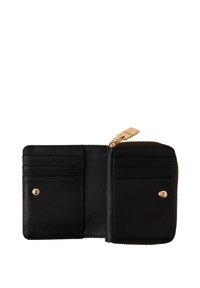 Black leather wallet with gold-tone hardware, featuring several card slots and a zippered compartment. Smooth texture with minimal design.