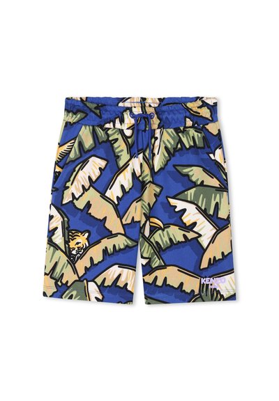 Shorts de bain bleus avec un motif de feuilles tropicales et un design de tigre caché. Comprend une taille élastique avec cordon de serrage et un tissu extensible.