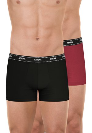 Un caleçon noir et bordeaux avec une large ceinture noire portant l'inscription "ATHENA" en blanc, fabriqué en tissu lisse et extensible.