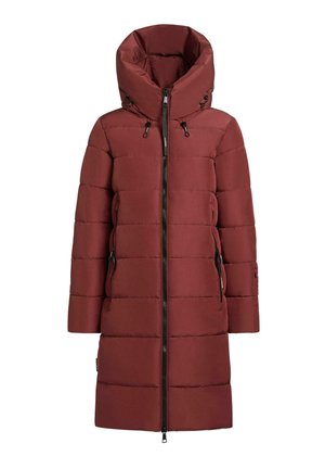 Burgundy vadderad jacka med hög krage, dragkedja och två sidofickor. Har en quiltad design och justerbar huva.