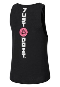 Débardeur de sport noir avec texte blanc vertical "JUST DO IT." et logo circulaire rose Nike Swoosh remplaçant le "O" dans "DO".