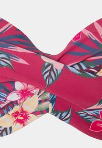 Bikini-Oberteil mit pinken Blumen, großen Blättern und Blumen in Gelb und Lila, mit einem Überkreuz-Design für zusätzlichen Detailreichtum und Textur.