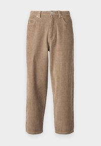 Bruna kordbyxors raka snitt, fem fickor, toppknapp och dragkedjestängning, med vertikal ribbad textur och en avslappnad passform.