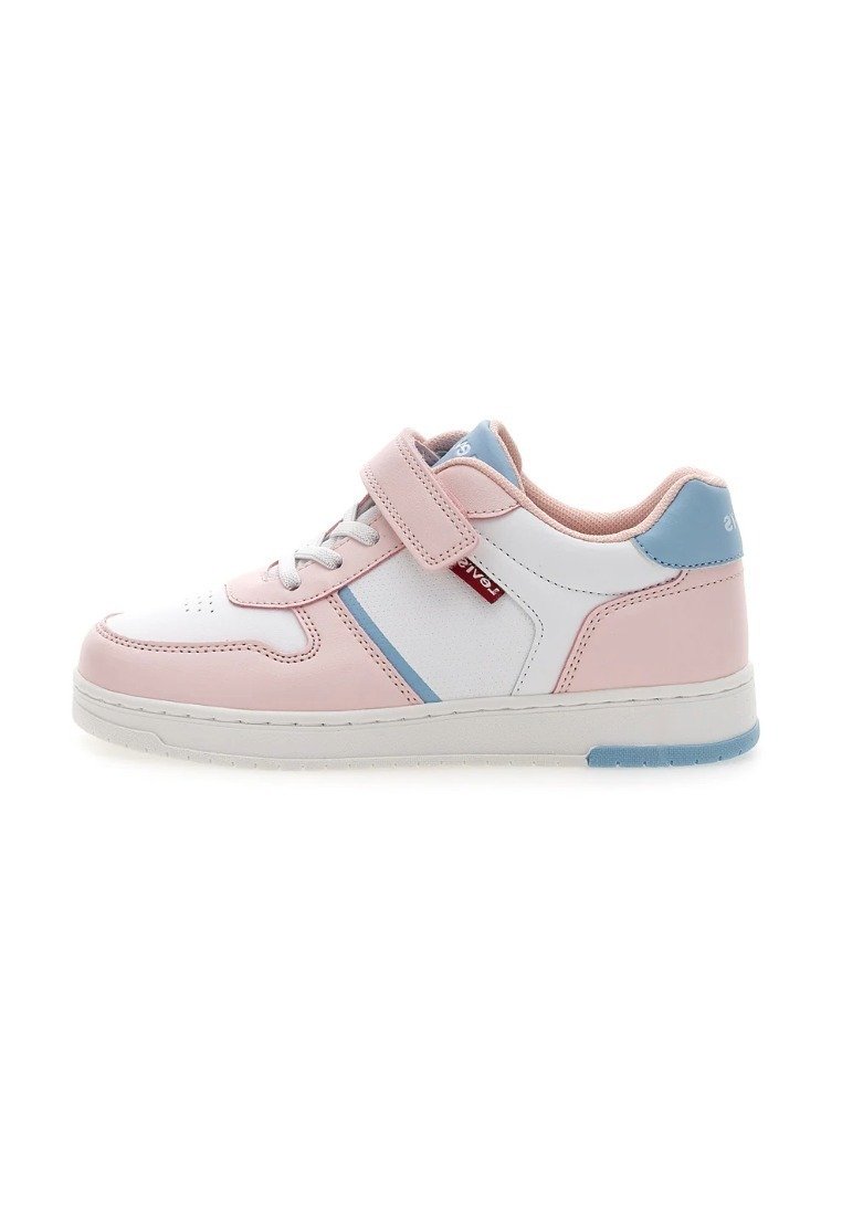 Sneakers bianca e rosa con accenti blu, realizzata in materiale sintetico, dotata di una fascia in Velcro, dettagli cuciti e suola piatta in gomma.