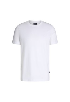 Weißes Baumwoll-T-Shirt mit kurzen Ärmeln, rundem Halsausschnitt und einem kleinen, dezenten Logodetail auf der linken Brust. Glatte Textur.