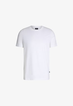 Witte katoenen t-shirt met korte mouwen, ronde halslijn en een klein, discreet logo op de linkerkant van de borst. Glad textuur.