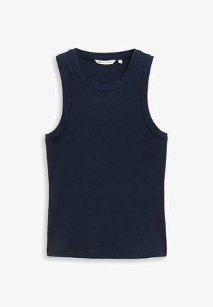 Granatowy prążkowany top na ramiączkach z okrągłym dekoltem i dopasowanym krojem na białym tle.