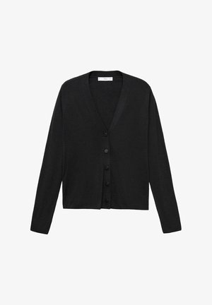 Černý kardigan vyrobený z měkké látky, s výstřihem do V, dlouhými rukávy a šesti předními knoflíky. Čistý design bez dalších vzorů.