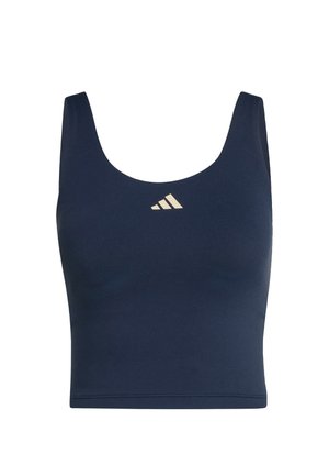 Top sportivo corto senza maniche blu navy con scollo a U e piccolo logo Adidas bianco centrato sul petto.