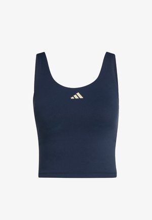 Mørkeblå ærmeløs sportstopp med rund halsudskæring og en lille hvid Adidas-logo centreret på brystet.