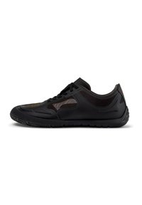 Black athletic shoe with a textured synthetic upper, mesh panels for breathability, and a rubber sole with a patterned tread.
