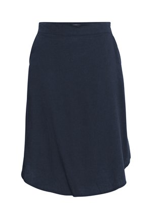 Fustă bleumarin, până la genunchi, cu tiv ușor asimetric și talie ajustată, realizată dintr-un material ușor.