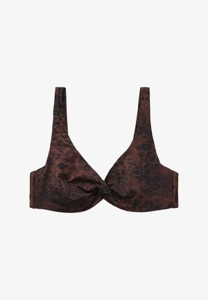 Sujetador de estampado de leopardo marrón y negro con tirantes anchos y detalle de nudo frontal, diseñado para soporte y estilo.