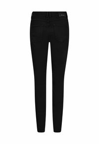 Čierne slim jeans s hladkým povrchom, so zadnými vreckami a štítkom na páske. Prispôsobený, priliehavý strih.