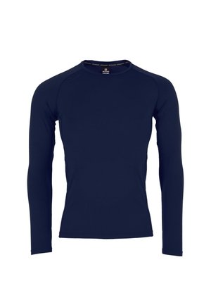 Maglietta atletica aderente blu navy a maniche lunghe con collo tondo e maniche raglan, mostrata su sfondo bianco.