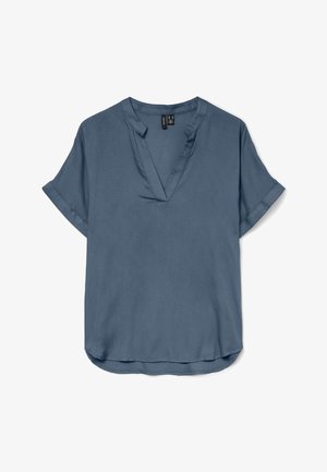 Blouse bleu à manches courtes avec un col en V et un ourlet légèrement arrondi, fabriquée en tissu léger.