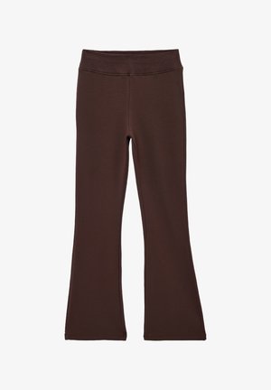 Brune udvidede bukser med bred elastisk talje, vist fladt på hvid baggrund.