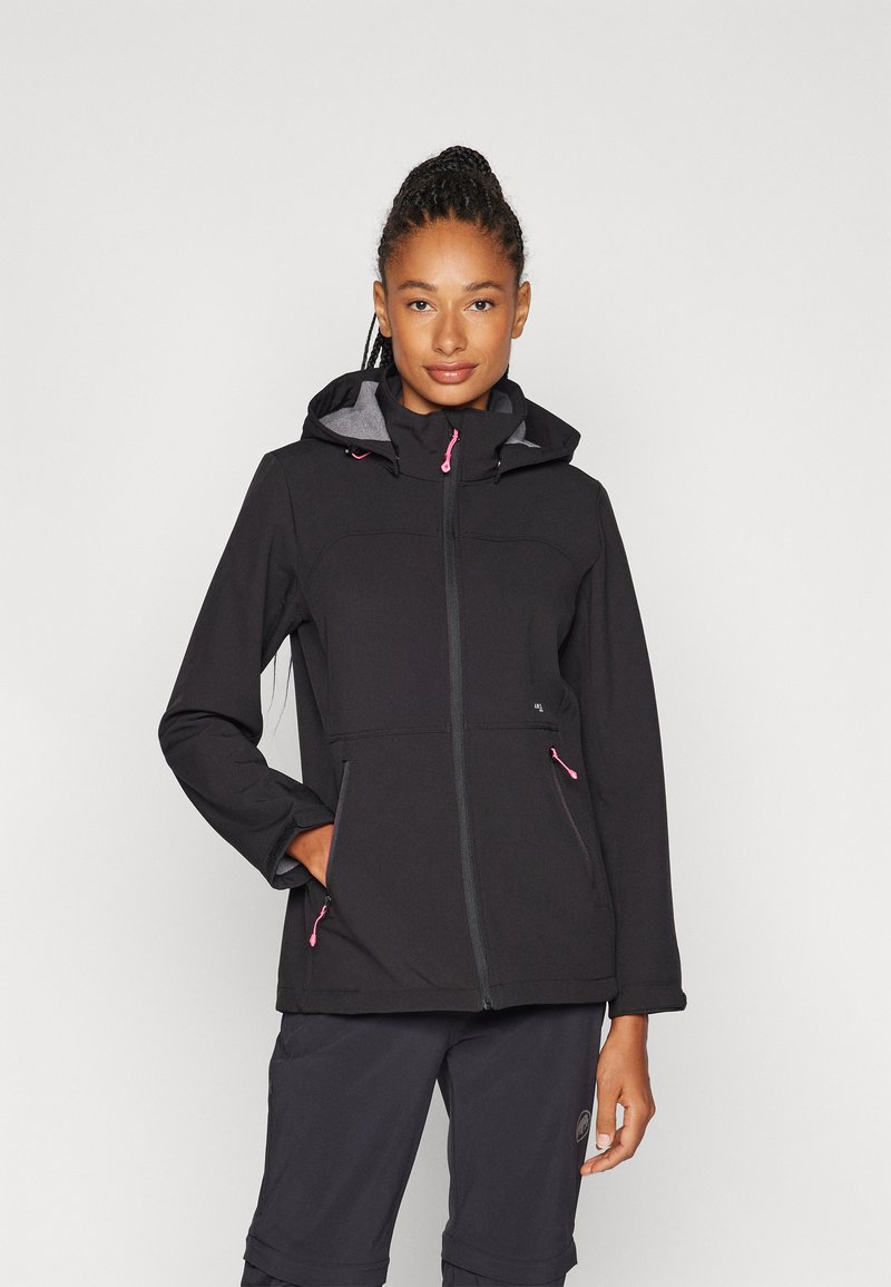 Schwarze Softshell-Jacke mit grauem Innenfutter der Kapuze, pinken Reißverschluss-Akzenten und seitlichen Taschen. Mit durchgehendem Reißverschluss und lässigem Schnitt.