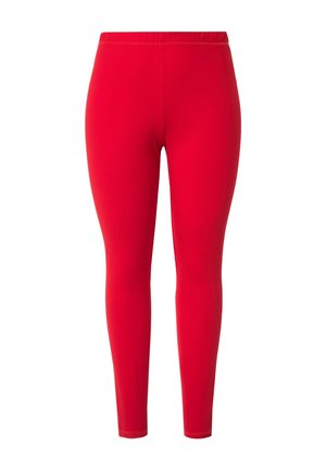 Leggings rossi con vita elastica, realizzati in un tessuto liscio e elasticizzato. Il design è aderente, senza motivi o dettagli visibili.