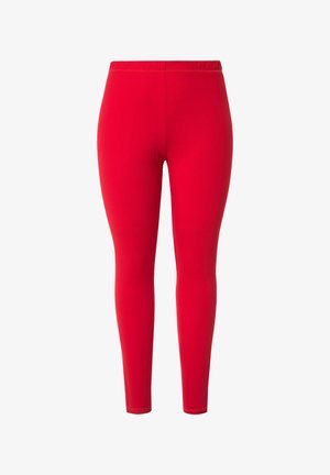 Leggings rossi con vita elastica, realizzati in un tessuto liscio e elasticizzato. Il design è aderente, senza motivi o dettagli visibili.