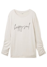 Helles beige Langarmshirt mit weitem Ausschnitt und gerafften Ärmeln. Vorn mit "happy soul" in silberner Schrift versehen. Weiches Gewebe.