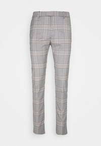 Šedé kostkované kalhoty s kostkovým vzorem v černé, bílé a béžové barvě. Přiléhavý střih se střevíčkem rovného siluetu.